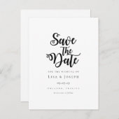 Minimalistisches Schwarzweiß-Skript Save the Date Ankündigungspostkarte (Vorne/Hinten)