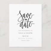 Minimalistisches Schwarzweiß-Skript Save the Date Postkarte (Vorderseite)