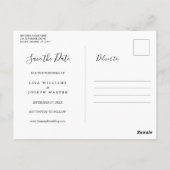 Minimalistisches Schwarzweiß-Skript Save the Date Postkarte (Rückseite)
