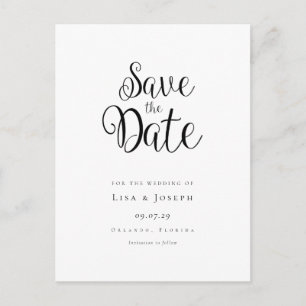Minimalistisches Schwarzweiß-Skript Save the Date Postkarte
