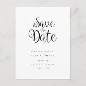 Minimalistisches Schwarzweiß-Skript Save the Date Postkarte (Vorderseite)