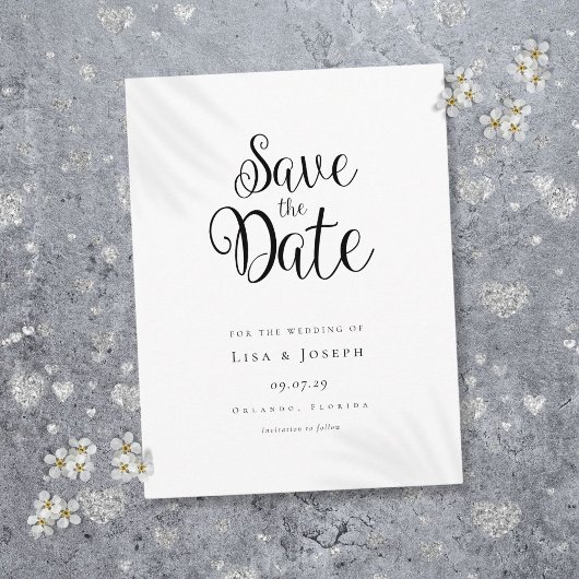 Minimalistisches Schwarzweiß-Skript Save the Date Postkarte