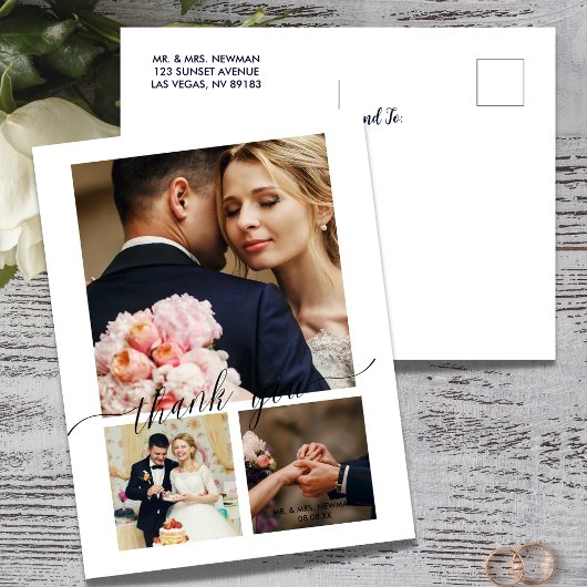 Minimalistisches Script 3 Foto Hochzeit Vielen Dan Postkarte