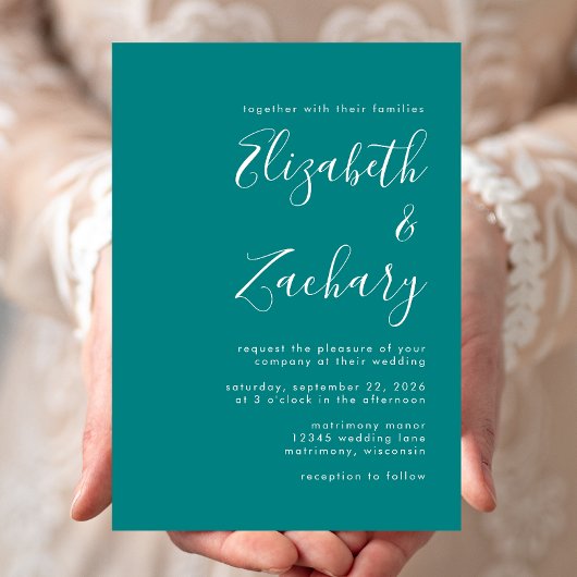 Minimalistisches Script Aquamarin Blue Wedding Einladung