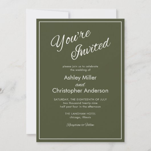 Minimalistisches Script Army Green Wedding Einladung (Vorderseite)
