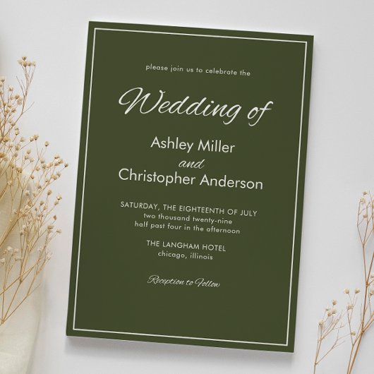 Minimalistisches Script Army Green Wedding Einladung