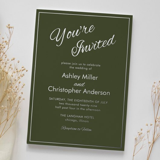 Minimalistisches Script Army Green Wedding Folieneinladung