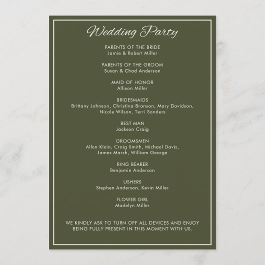 Minimalistisches Script Army Green Wedding Programm (Rückseite)