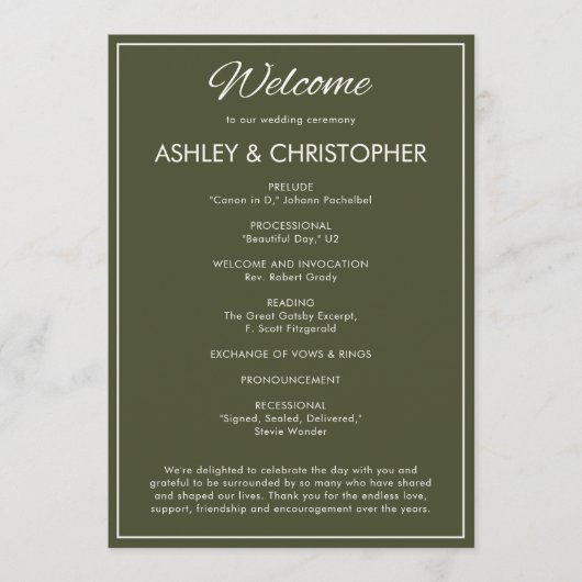 Minimalistisches Script Army Green Wedding Programm (Vorderseite)
