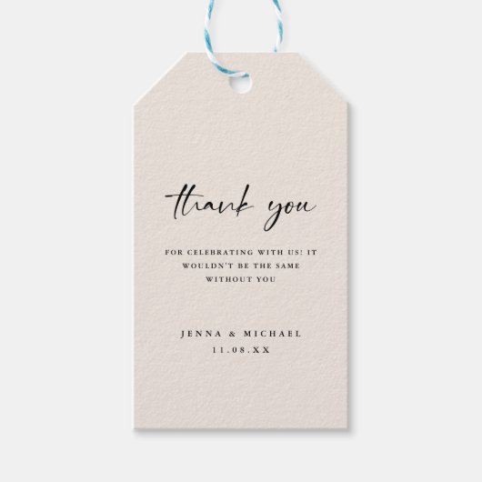 Minimalistisches Script Beige 'Danke' Hochzeit Geschenkanhänger (Vorderseite)
