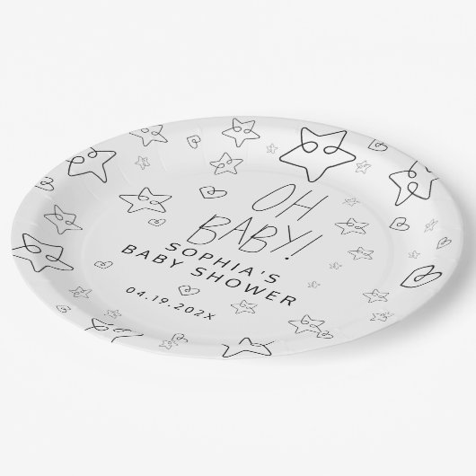 Minimalistisches Script Black Baby Dusche Pappteller (Schrägansicht)