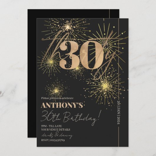 Minimalistisches Script Black & Gold 30. Geburtsta Einladung (Vorne/Hinten)