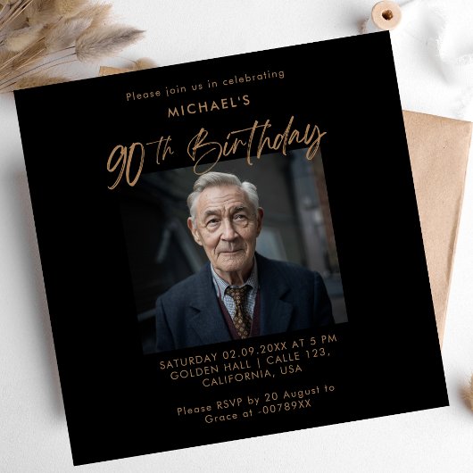 Minimalistisches Script Black & Gold 90. Foto Gebu Einladung