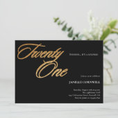 Minimalistisches Script Black und Gold 21. Geburts Einladung (Stehend Vorderseite)