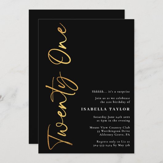 Minimalistisches Script Black und Gold 21. Geburts Einladung (Vorne/Hinten)