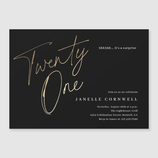 Minimalistisches Script Black und Gold 21. Geburts Magneteinladung (Vorderseite)
