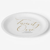 Minimalistisches Script Black und Gold 21. Geburts Pappteller (Schrägansicht)