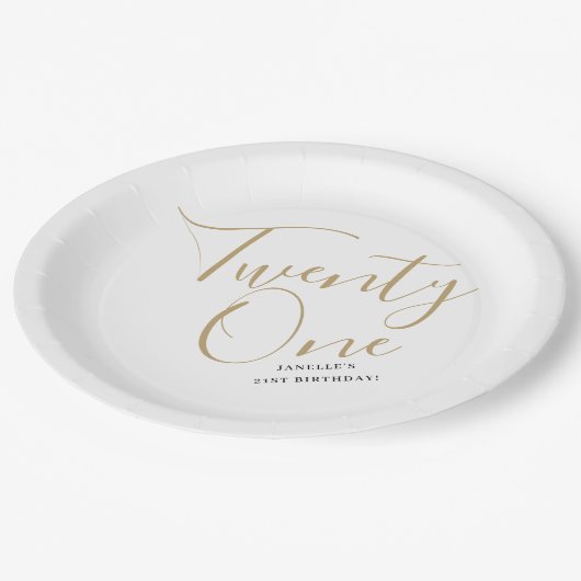 Minimalistisches Script Black und Gold 21. Geburts Pappteller (Schrägansicht)