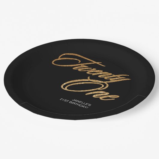 Minimalistisches Script Black und Gold 21. Geburts Pappteller (Schrägansicht)