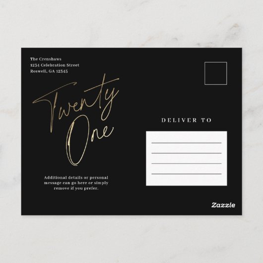 Minimalistisches Script Black und Gold 21. Geburts Postkarte (Rückseite)