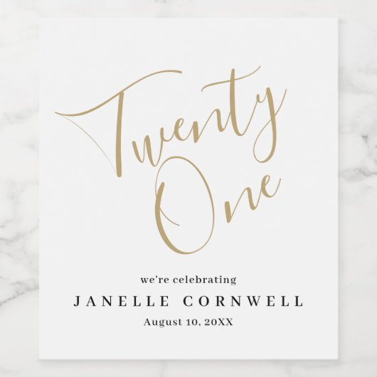 Minimalistisches Script Black und Gold 21. Geburts Weinetikett (Einzelnes Label)