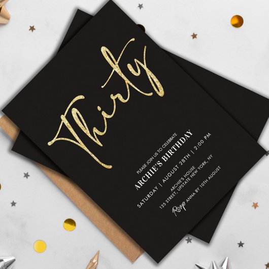 Minimalistisches Script Black und Gold 30. Geburts Einladung