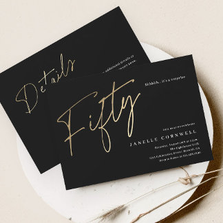 Minimalistisches Script Black und Gold 50. Geburts Einladung