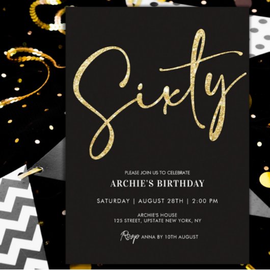 Minimalistisches Script Black und Gold 60. Geburts Einladung