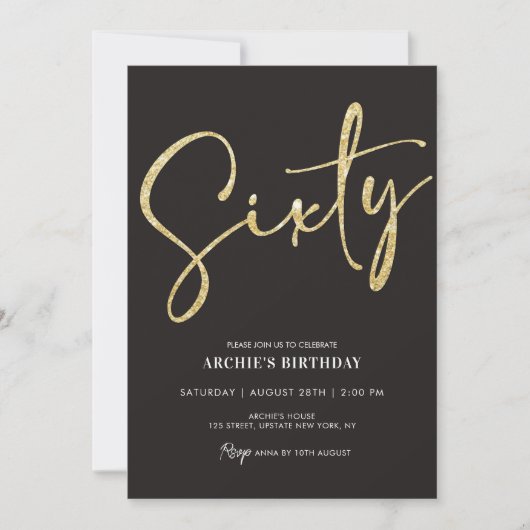 Minimalistisches Script Black und Gold 60. Geburts Einladung (Vorderseite)