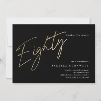 Minimalistisches Script Black und Gold 80. Geburts Einladung