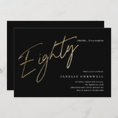 Minimalistisches Script Black und Gold 80. Geburts Einladung (Vorne/Hinten)