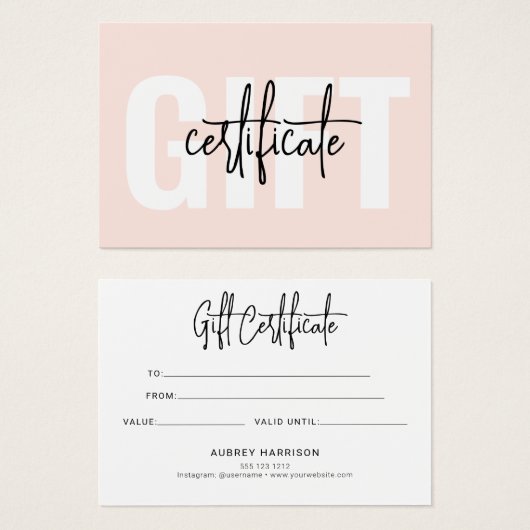 Minimalistisches Script Blush Pink Geschenkzertifi (Vorne & Hinten)