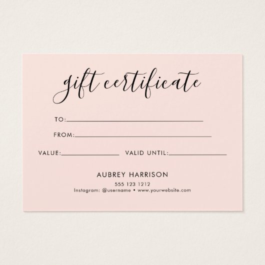 Minimalistisches Script Blush Pink Geschenkzertifi (Rückseite)