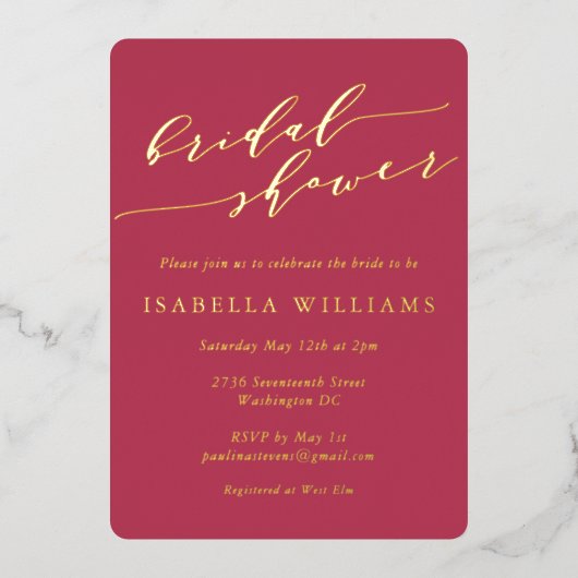 Minimalistisches Script Brautparty Magenta Gold Folieneinladung (Vorderseite)