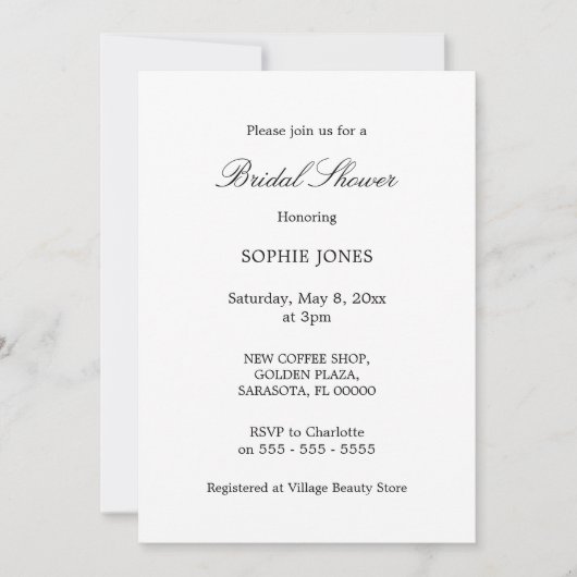 Minimalistisches Script Bridal Dusche Einladung (Vorderseite)