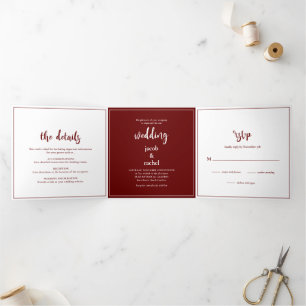 Minimalistisches Script Burgundy Dark Red Wedding Dreifach Gefaltete Einladung