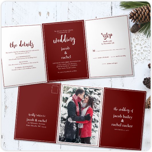Minimalistisches Script Burgundy Dark Red Wedding Dreifach Gefaltete Einladung