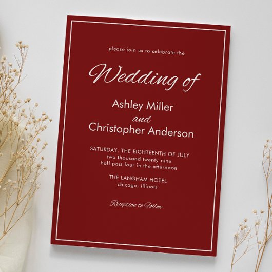 Minimalistisches Script Crimson Red Wedding Einladung