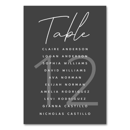Minimalistisches Script Dunkelgrau Hochzeitstabell Tischnummer (Vorderseite)