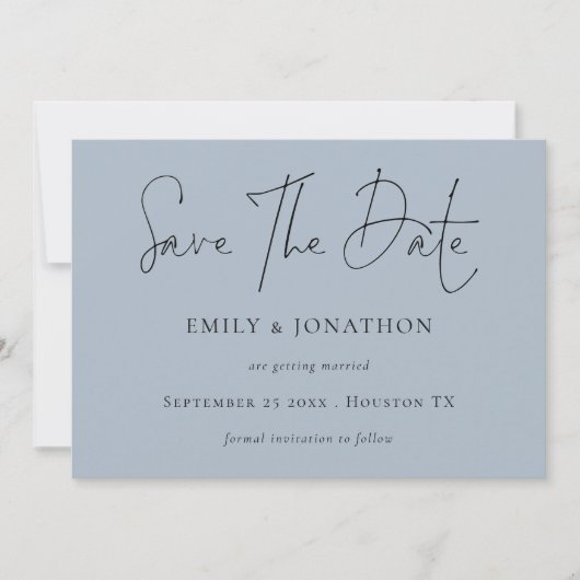 Minimalistisches Script Dusty Blue Save the Date (Vorderseite)