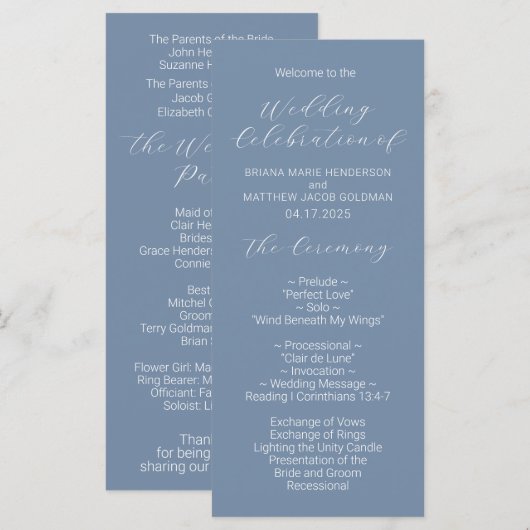 Minimalistisches Script Dusty Blue Wedding Program Programm (Vorne/Hinten)