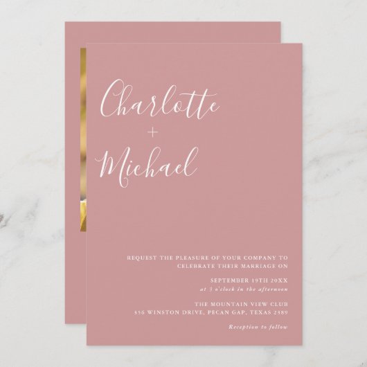 Minimalistisches Script Dusty Rose Foto Hochzeit Einladung (Vorne/Hinten)