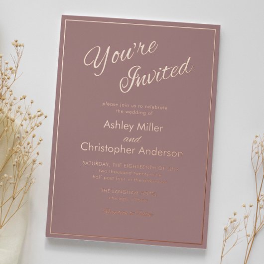 Minimalistisches Script Dusty Rose Wedding Folieneinladung