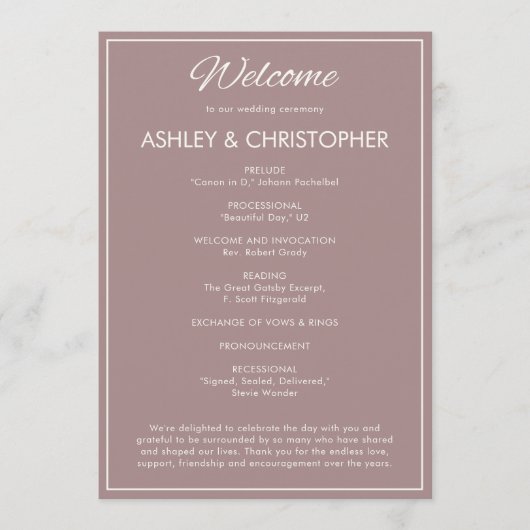 Minimalistisches Script Dusty Rose Wedding Programm (Vorderseite)