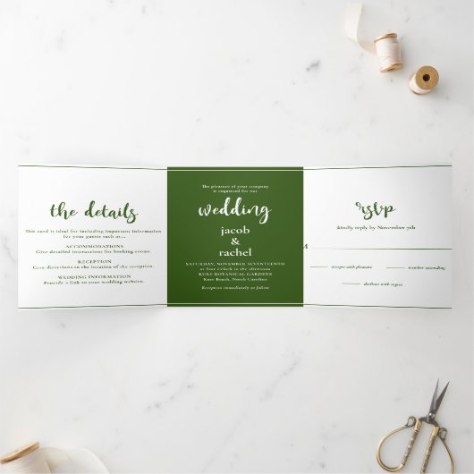 Minimalistisches Script Forest Dark Green Wedding Dreifach Gefaltete Einladung (Innenseite)