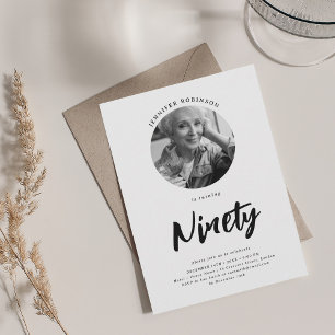 Minimalistisches Script Foto 90. Geburtstag Schwar Einladung