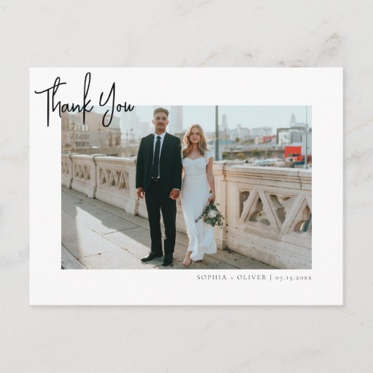 Minimalistisches Script Foto Hochzeit Vielen Dank Postkarte (Vorderseite)