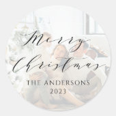 Minimalistisches Script Frohe Weihnachts-Foto-Over Runder Aufkleber (Vorderseite)