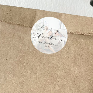 Minimalistisches Script Frohe Weihnachts-Foto-Over Runder Aufkleber