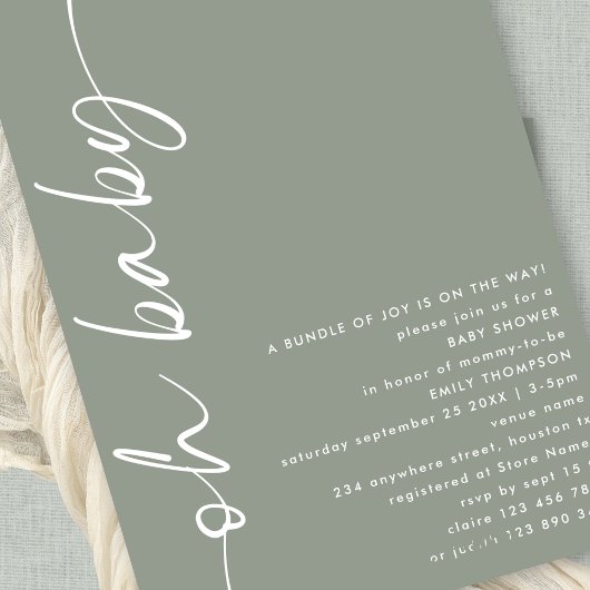 Minimalistisches Script Girl oder Boy Sage Oh Baby Einladung